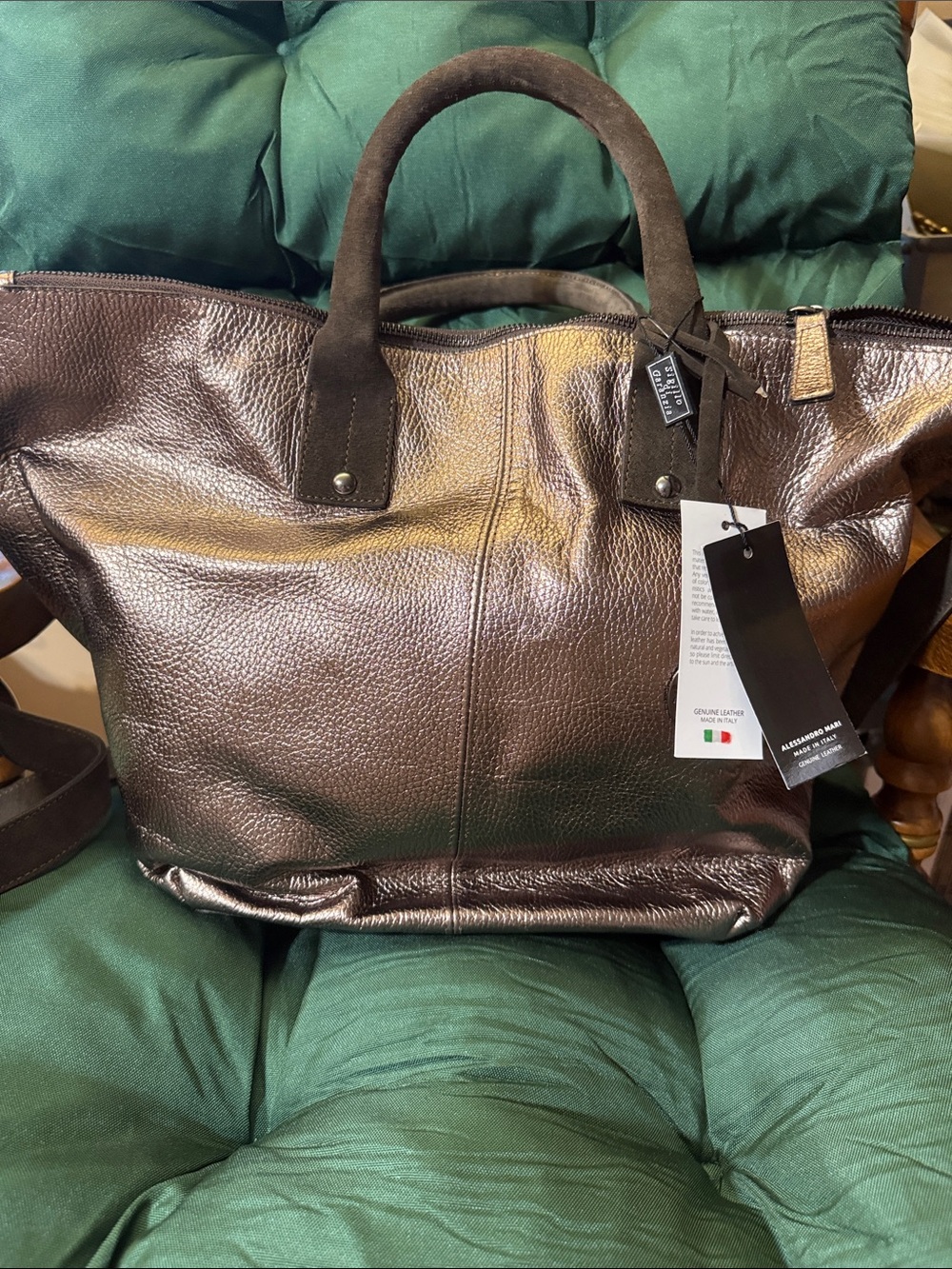 Bronze leather duffel style purse